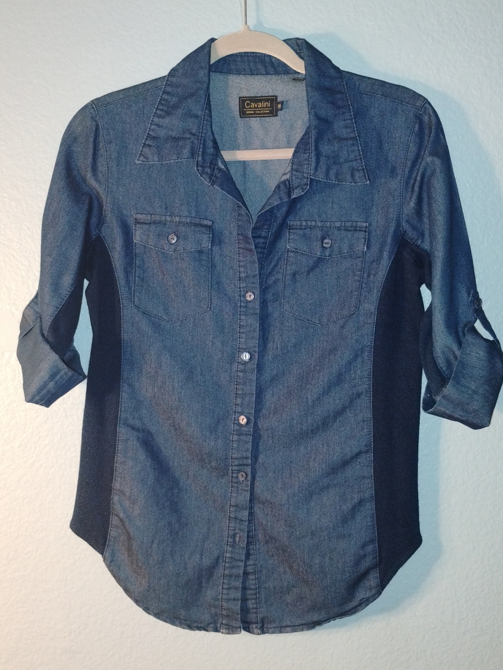 Cavalini Two-Tone Denim Button-Down Shirt in Blue and Black